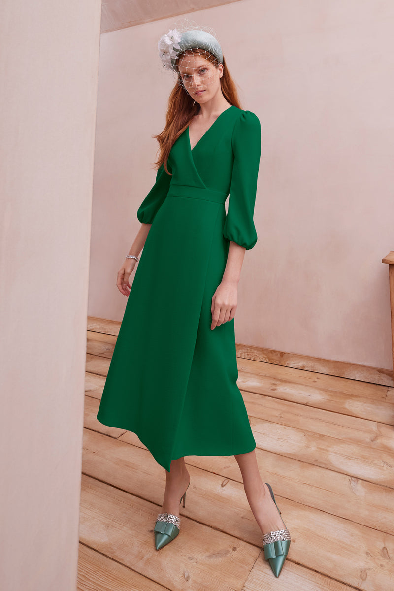 AMALFI SOLID GREEN TEXTURED RAYON CREPE MIDI LENGTH SUMMER DRESS WITH  EMBROIDERED SLEEVES AND NECK
