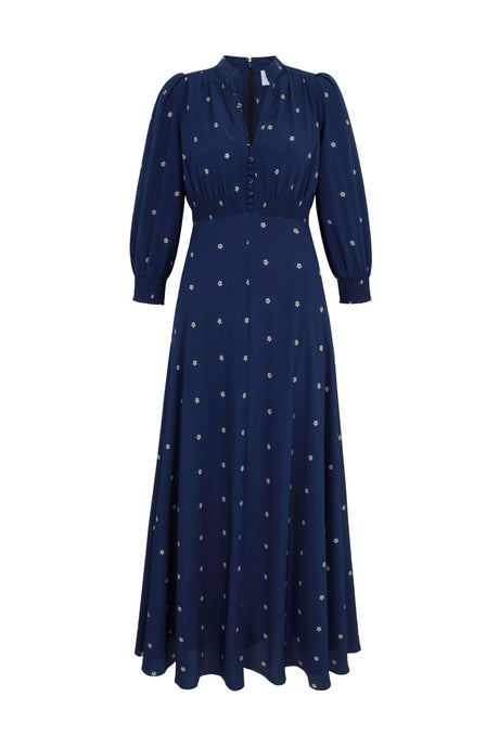 Gabriella Tea Dress Navy Pearl Daisy Dot