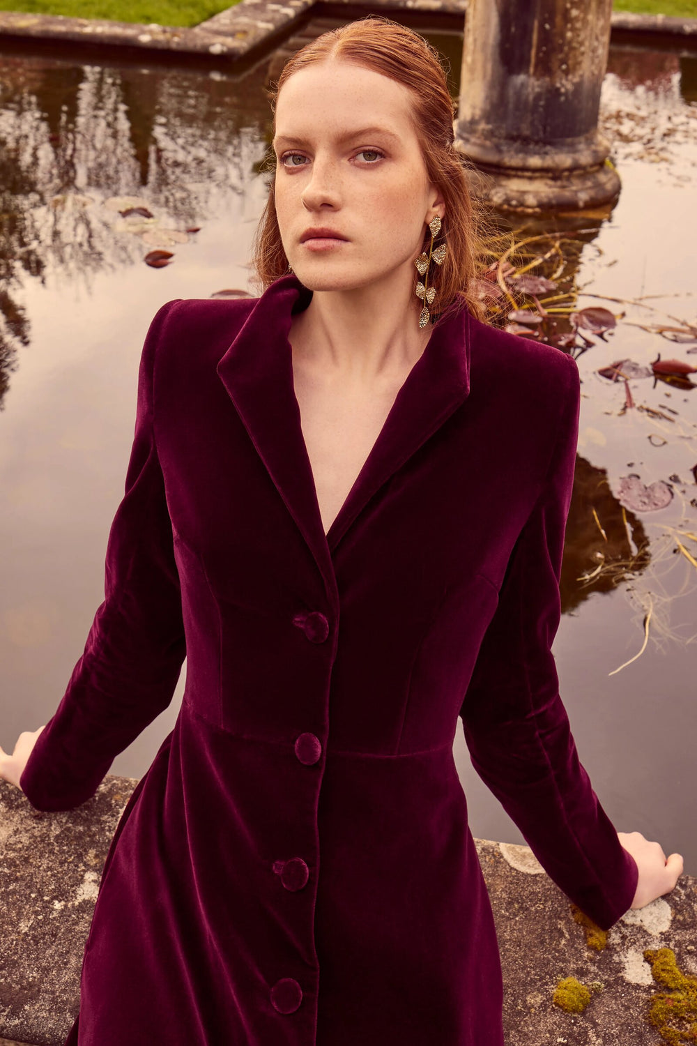 Louisa Coat Dress Sustainable Plum Velvet | Suzannah London