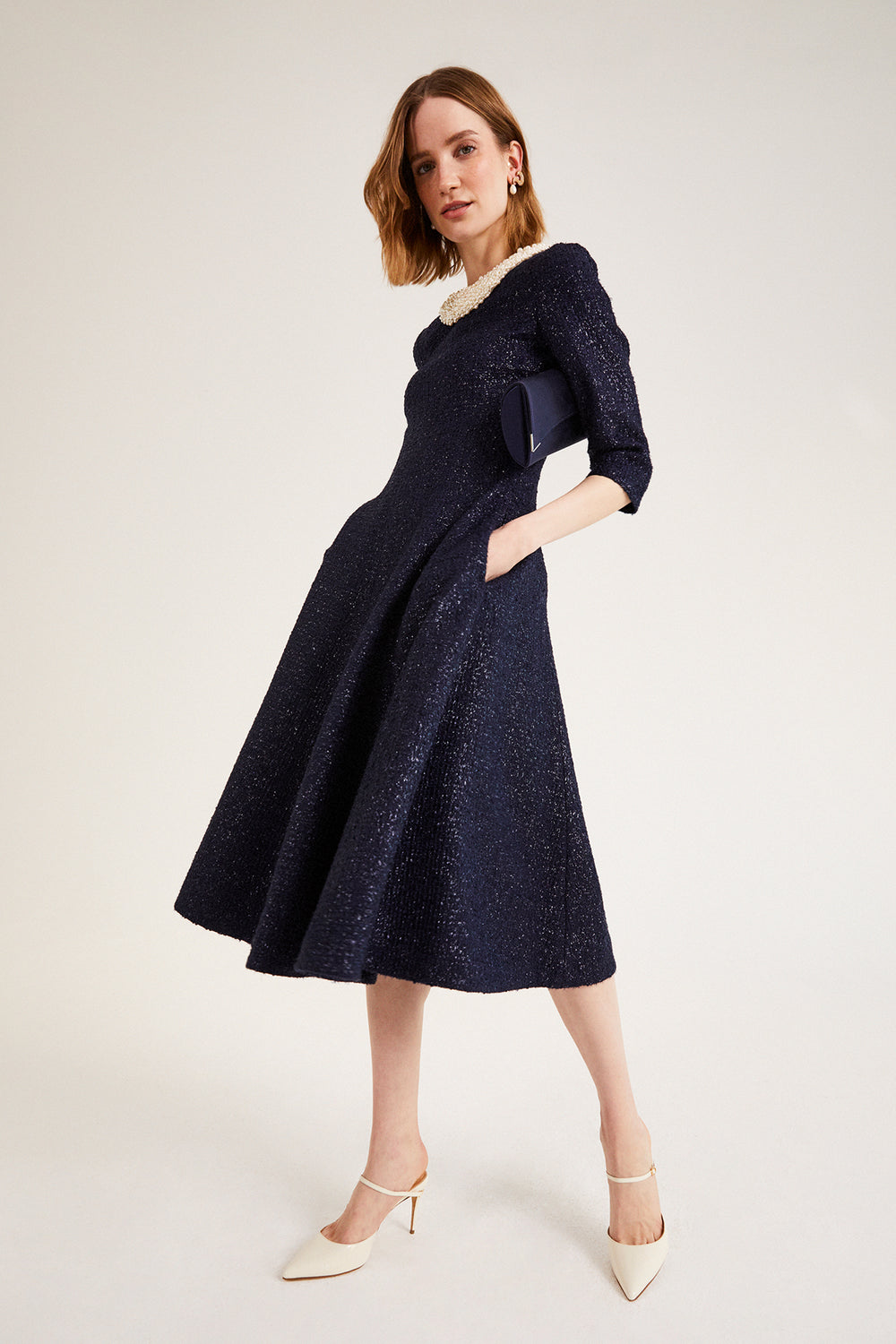 Lucy Midi Dress | Metallic Tweed Navy | Luxury Occasion Dresses ...