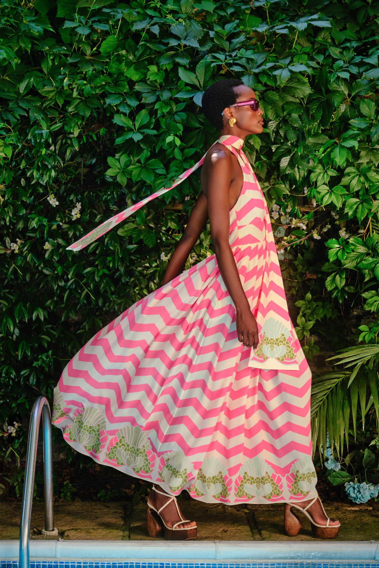 Palm Beach Halter Dress Pink Chevron