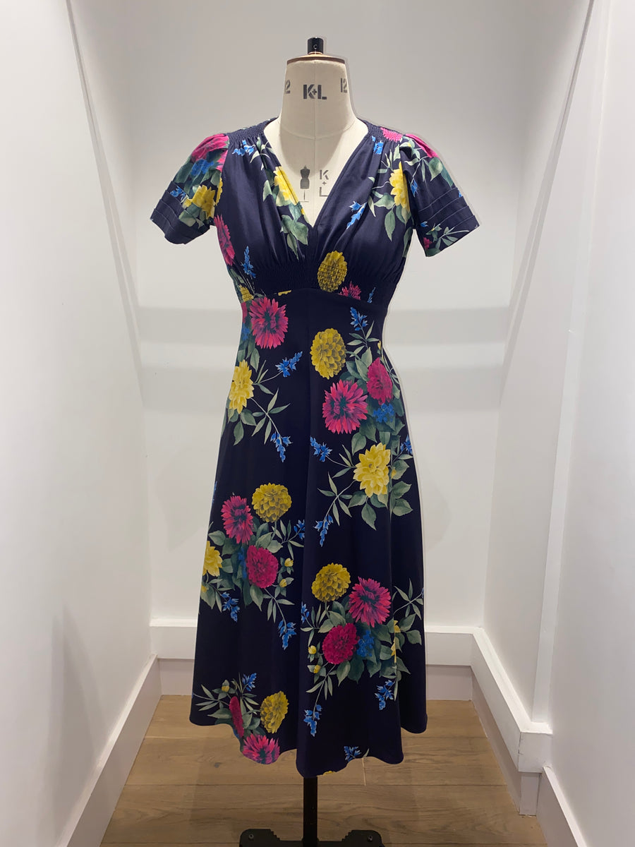 Navy Dahlia Cotton Tea Dress - SAMPLE SALE – Suzannah London